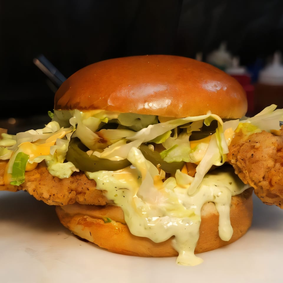 A Korean fried chicken sandwich with lettuce, cheese, jalapeños, and creamy sauce on a bun.